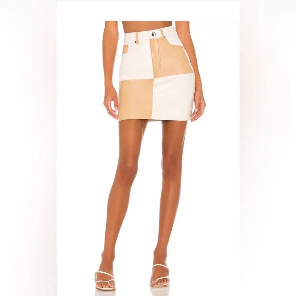 $298 Song of Style Leather Vianka Mini Skirt Brown & Ivory Patchwork Size S NWT